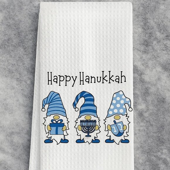 Happy Hanukkah Blue Gnomes Chanukah Menorah Kitchen Towel 18x26" Decor Gift - Picture 1 of 5